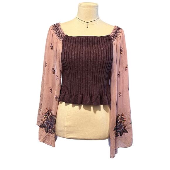 Free People Tops - Free People Breaking Dawn Top Embroidered Ribbed Off Shoulder, Size Large